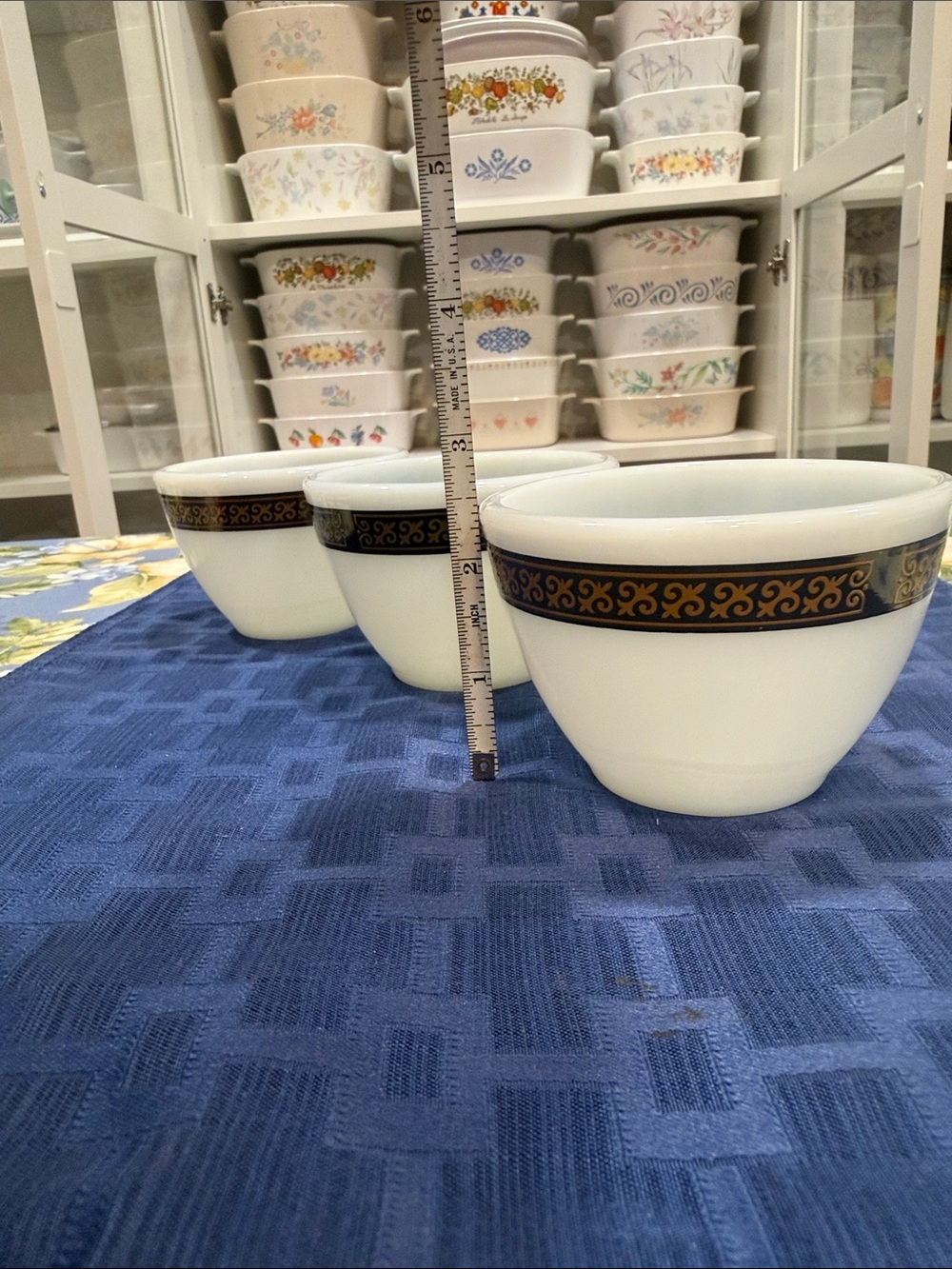 Classic Pyrex Tableware milk glass cups in the "Ebony" (Fleur-de-Lis) pattern